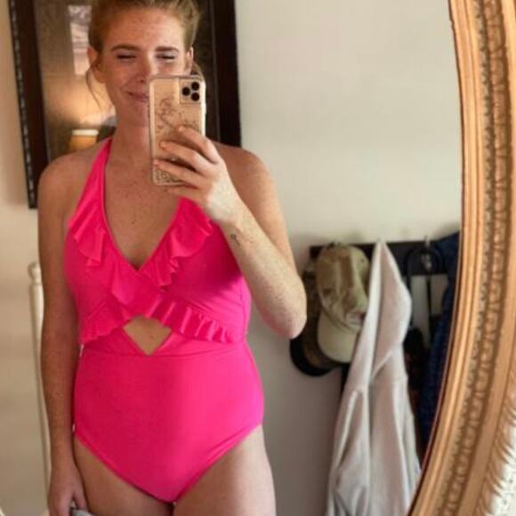 Aerie Ruffle One-Piece Full Coverage Halter Swimsuit Bright Neon Pink Large - Picture 2 of 11